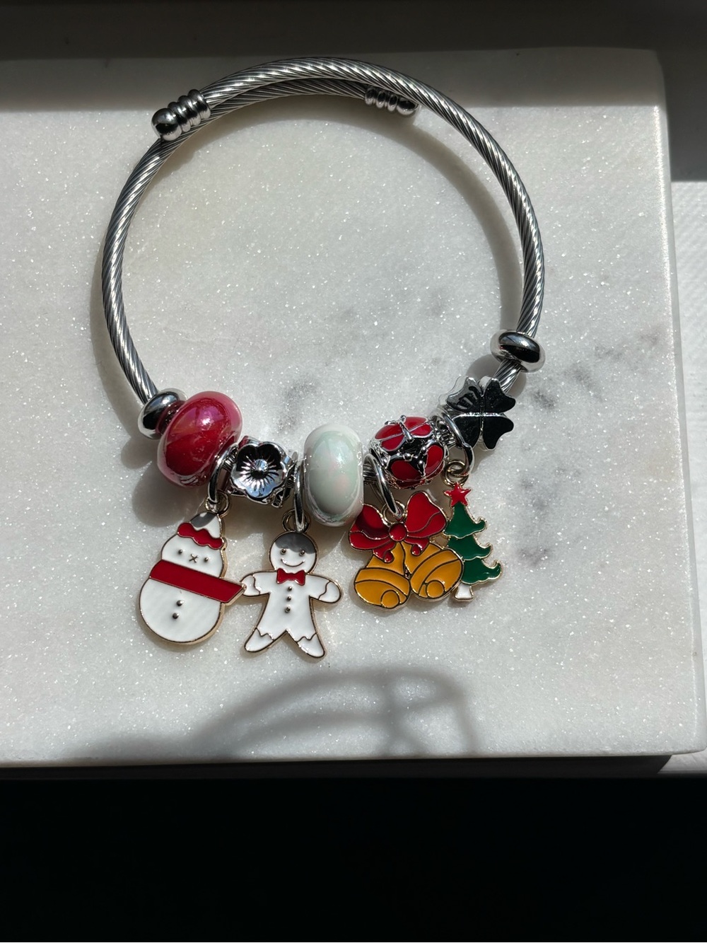 Festive Holiday Charm Bangle Bracelet with Red, White, Green Enamel Charms